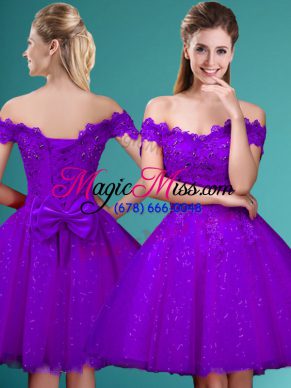 Attractive Cap Sleeves Knee Length Lace and Belt Lace Up Quinceanera Dama Dress with Eggplant Purple