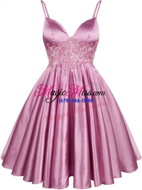 Unique Knee Length Lilac Bridesmaid Dresses Spaghetti Straps Sleeveless Lace Up