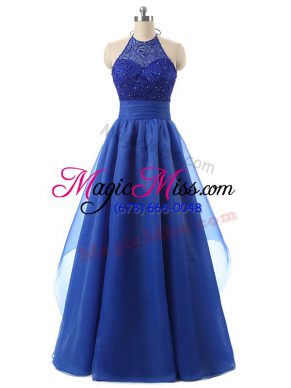 Fashion Blue A-line Organza Halter Top Sleeveless Beading and Ruffles Floor Length Zipper Dress for Prom