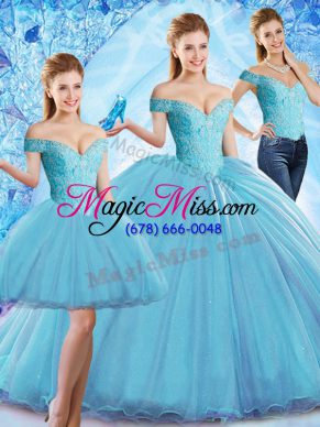 Spectacular Baby Blue Three Pieces Off The Shoulder Sleeveless Organza Sweep Train Lace Up Beading Quinceanera Gowns