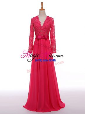 Sweet Chiffon V-neck Long Sleeves Zipper Lace and Appliques and Belt Mother Of The Bride Dress in Hot Pink