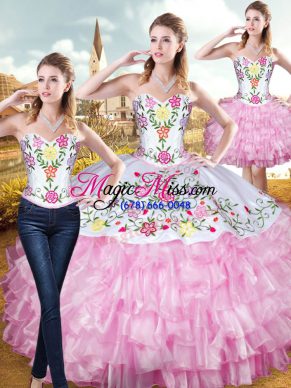 Top Selling Floor Length Three Pieces Sleeveless Rose Pink Sweet 16 Dresses Lace Up