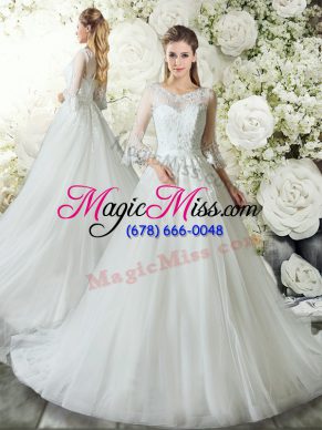 New Style White Tulle Zipper Wedding Dress 3 4 Length Sleeve Court Train Lace