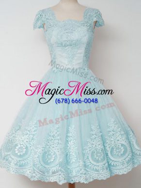 Aqua Blue Cap Sleeves Lace Knee Length Quinceanera Court Dresses