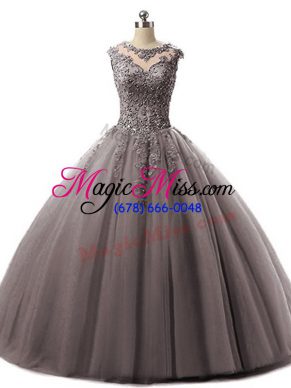 Fitting Scoop Sleeveless Quince Ball Gowns Floor Length Beading and Lace Brown Tulle