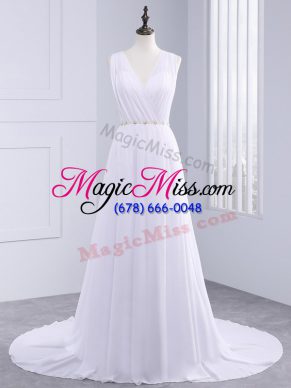 Sexy White Backless V-neck Beading and Ruching Wedding Dresses Chiffon Sleeveless Brush Train