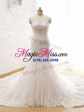 Fabulous White Mermaid Sweetheart Sleeveless Lace Court Train Lace Up Beading and Lace and Appliques Wedding Dress