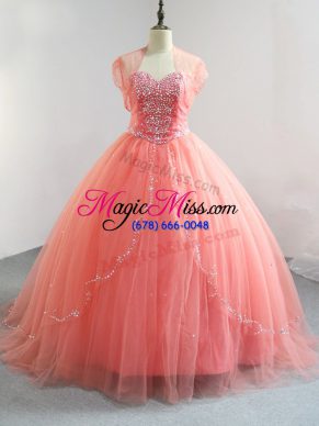 Floor Length Watermelon Red Quinceanera Dress Tulle Sleeveless Beading