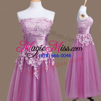 Elegant Sleeveless Tulle Tea Length Lace Up Quinceanera Court Dresses in Lilac with Appliques