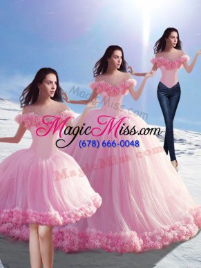 Noble Baby Pink Ball Gowns Tulle Off The Shoulder Sleeveless Hand Made Flower Lace Up Sweet 16 Quinceanera Dress Brush Train