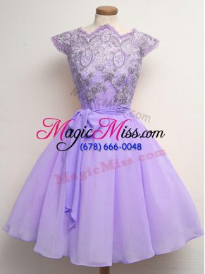 Lavender Damas Dress Prom and Party and Wedding Party with Lace and Belt Scalloped Cap Sleeves Lace Up