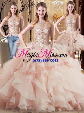 Peach Quinceanera Gown Military Ball and Sweet 16 and Quinceanera with Beading and Ruffles Scoop Sleeveless Brush Train Lace Up