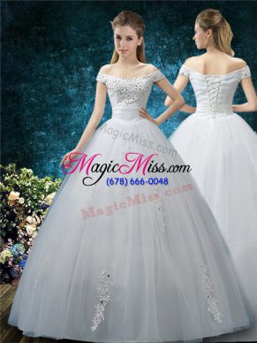 Superior Off The Shoulder Cap Sleeves Organza Wedding Gown Beading and Appliques Lace Up