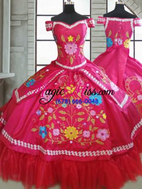 Trendy Hot Pink Short Sleeves Taffeta Lace Up 15 Quinceanera Dress for Military Ball and Sweet 16 and Quinceanera