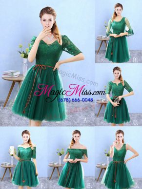 Decent Green A-line Tulle V-neck Half Sleeves Lace Knee Length Backless Bridesmaid Dresses