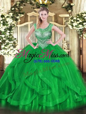 Scoop Sleeveless Sweet 16 Quinceanera Dress Floor Length Beading and Ruffles Green Tulle