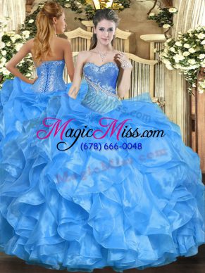 Custom Made Baby Blue Sleeveless Floor Length Beading and Ruffles Lace Up Quinceanera Gowns