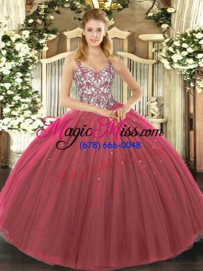 Admirable Tulle Straps Sleeveless Lace Up Beading and Appliques Sweet 16 Quinceanera Dress in Fuchsia