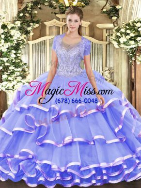 High Class Scoop Sleeveless Quinceanera Gowns Floor Length Beading and Ruffled Layers Lavender Lace