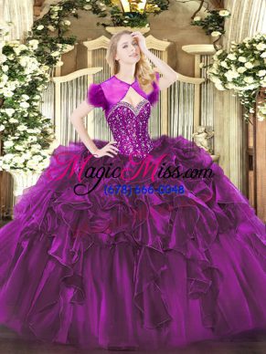 Purple Sleeveless Floor Length Beading and Ruffles Lace Up Sweet 16 Quinceanera Dress