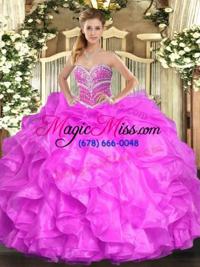 Sleeveless Floor Length Beading and Ruffles Lace Up 15 Quinceanera Dress with Fuchsia