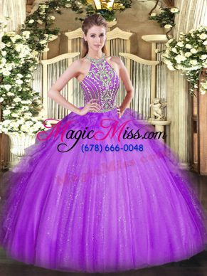 Luxurious Lavender Halter Top Lace Up Beading and Ruffles Quinceanera Dresses Sleeveless