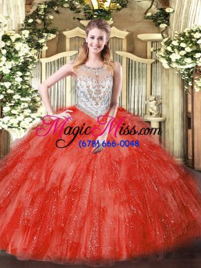 Coral Red Scoop Zipper Beading and Ruffles Quinceanera Dresses Sleeveless