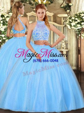 Exceptional Aqua Blue Sleeveless Floor Length Beading Criss Cross Ball Gown Prom Dress