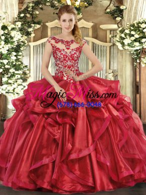 Clearance Cap Sleeves Organza Floor Length Lace Up 15 Quinceanera Dress in Red with Appliques and Ruffles