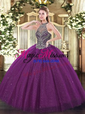 Halter Top Sleeveless Lace Up Quinceanera Dresses Eggplant Purple Tulle