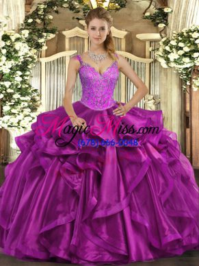 Floor Length Lace Up Ball Gown Prom Dress Fuchsia for Military Ball and Sweet 16 and Quinceanera with Beading and Ruffles