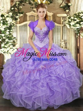 Lavender Organza Lace Up Vestidos de Quinceanera Sleeveless Floor Length Beading and Ruffles