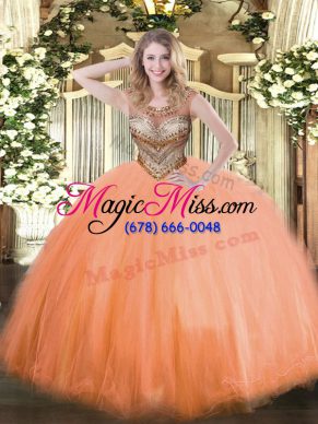 Inexpensive Orange Red Lace Up 15 Quinceanera Dress Beading Sleeveless Floor Length