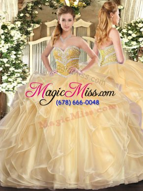 Most Popular Champagne Lace Up Vestidos de Quinceanera Beading and Ruffles Long Sleeves Floor Length