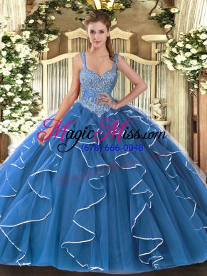 Clearance Blue V-neck Lace Up Beading and Ruffles Sweet 16 Quinceanera Dress Sleeveless