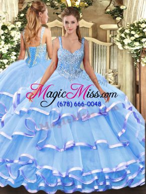 On Sale Ball Gowns 15th Birthday Dress Blue Straps Organza Sleeveless Floor Length Lace Up