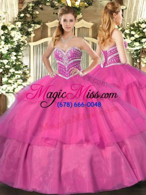 Free and Easy Hot Pink Tulle Lace Up Sweetheart Sleeveless Floor Length Quinceanera Dresses Beading and Ruffled Layers