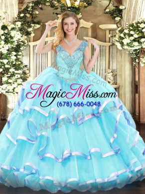 Floor Length Lace Up Vestidos de Quinceanera Aqua Blue for Military Ball and Sweet 16 and Quinceanera with Ruffled Layers