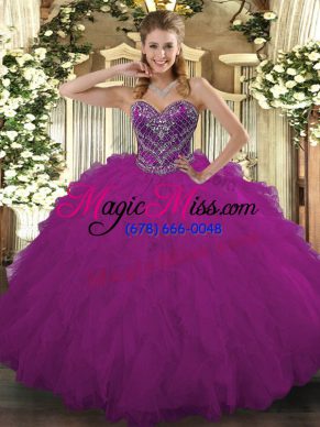 Comfortable Floor Length Lace Up Quinceanera Dresses Fuchsia for Military Ball and Sweet 16 and Quinceanera with Beading and Ruffled Layers