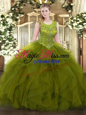 Organza Scoop Sleeveless Zipper Beading and Ruffles Quince Ball Gowns in Olive Green