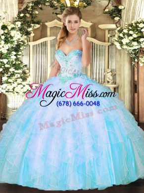 Aqua Blue Sleeveless Organza Lace Up Vestidos de Quinceanera for Military Ball and Sweet 16 and Quinceanera