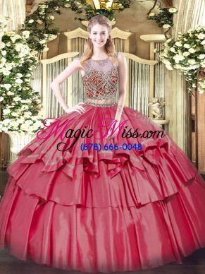 Hot Sale Coral Red Quinceanera Gowns Military Ball and Sweet 16 and Quinceanera with Beading and Ruffled Layers Scoop Sleeveless Lace Up