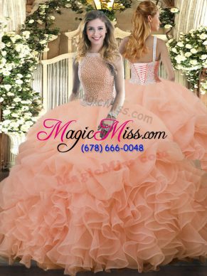 Suitable Peach Sleeveless Floor Length Beading and Ruffles and Pick Ups Lace Up Vestidos de Quinceanera