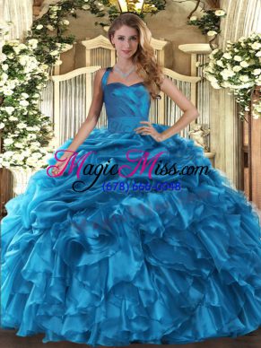 Glamorous Baby Blue Halter Top Lace Up Ruffles and Pick Ups Sweet 16 Quinceanera Dress Sleeveless