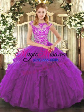Eye-catching Floor Length Purple Quince Ball Gowns Organza Cap Sleeves Beading and Ruffles