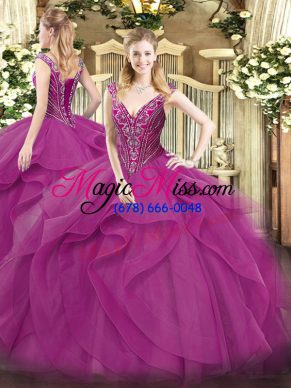 Clearance Sleeveless Beading and Ruffles Lace Up 15 Quinceanera Dress