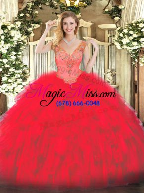 Red Organza Lace Up Quince Ball Gowns Sleeveless Floor Length Beading and Ruffles