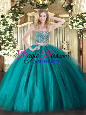 New Style Teal Lace Up Quinceanera Gown Beading Sleeveless Floor Length