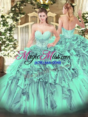 Fashion Floor Length Lace Up Vestidos de Quinceanera Turquoise for Military Ball and Sweet 16 and Quinceanera with Beading and Ruffles