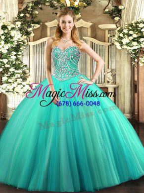 Best Aqua Blue Sweetheart Lace Up Beading Ball Gown Prom Dress Sleeveless